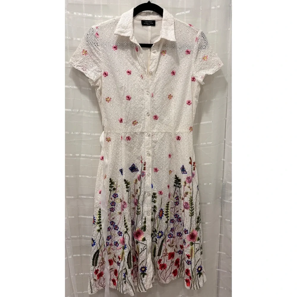 Tahari Arthur S Levine Petite Floral Eyelet Cotton Shirt Dress White Embroidered